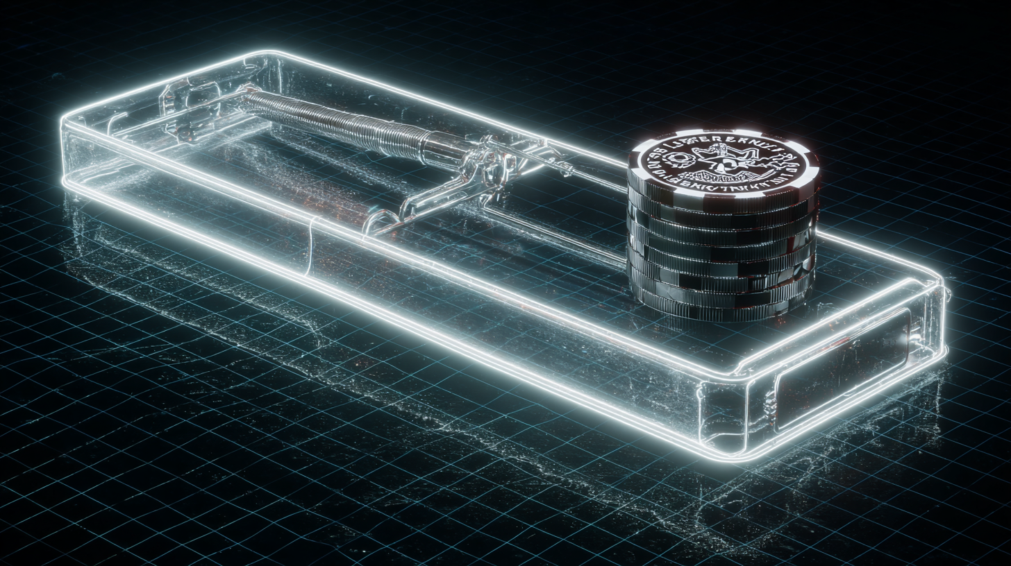 A glowing neon mousetrap symbolizing a VPN casino trap, with a stack of crypto casino chips as bait on a digital grid, representing the dangers of misleading online gambling reviews.