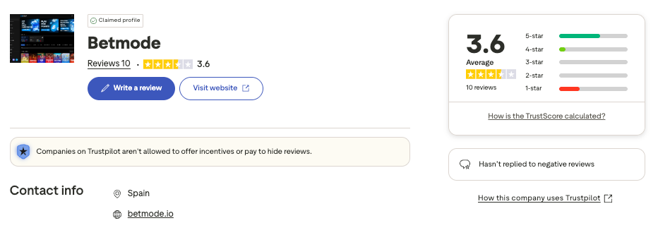 BETMODE Trustpilot screenshot