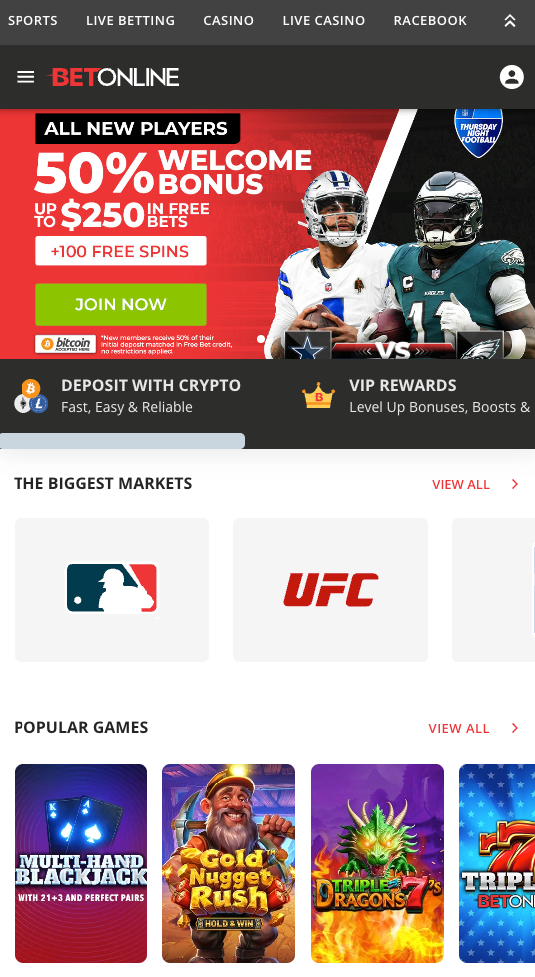 Actual screenshot of BetOnline home page took on iphone mobile in September 2025.