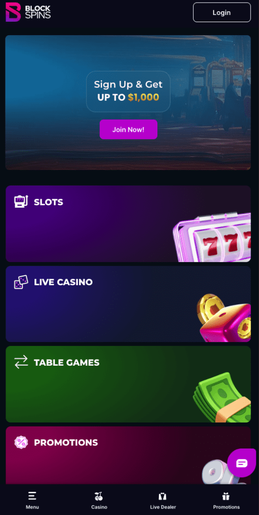 Actual screenshot of the home page of Blockspins.com taken on an iPhone in 2025 September.