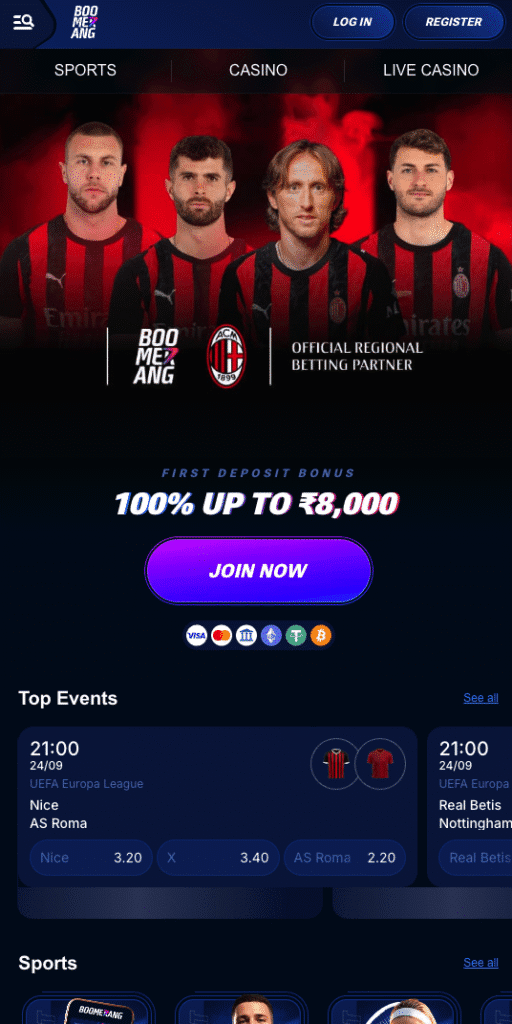BoomerangBet mobile home page screenshot captured on an iPhone in September 2025.