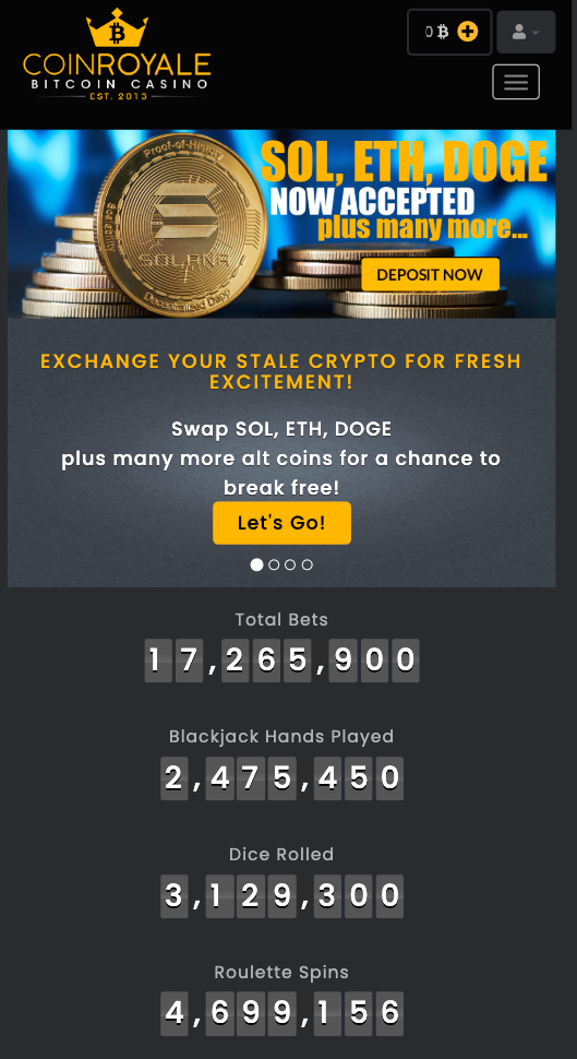 Actual CoinRoyale mobile home page screenshot captured on an iPhone in September 2025.