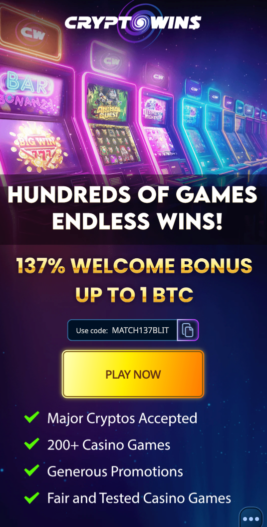 CryptoWins Casino exclusive promo offer mobile screenshot captured in September 2025.