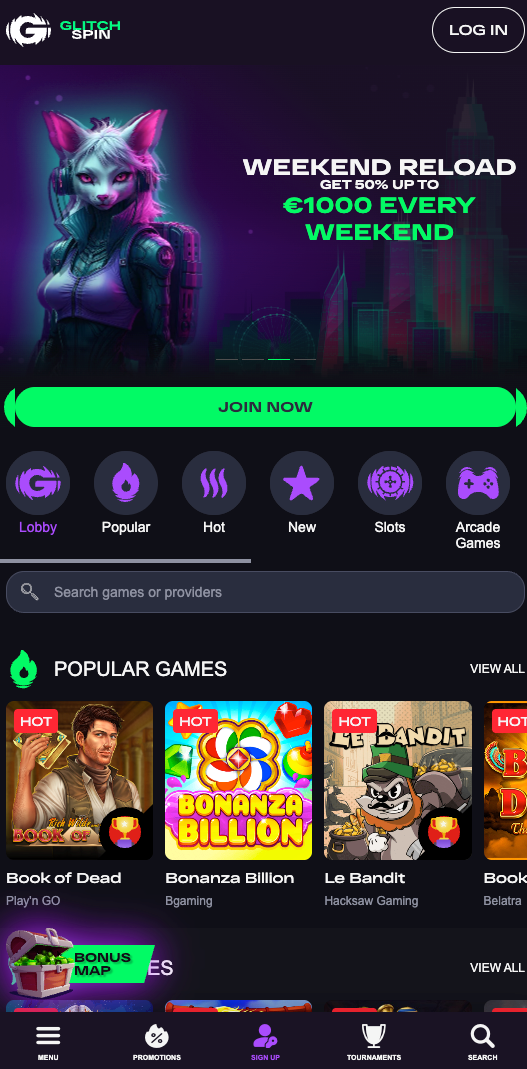 Glitchspin mobile home page screenhot taken on an iPhone in September 2025.