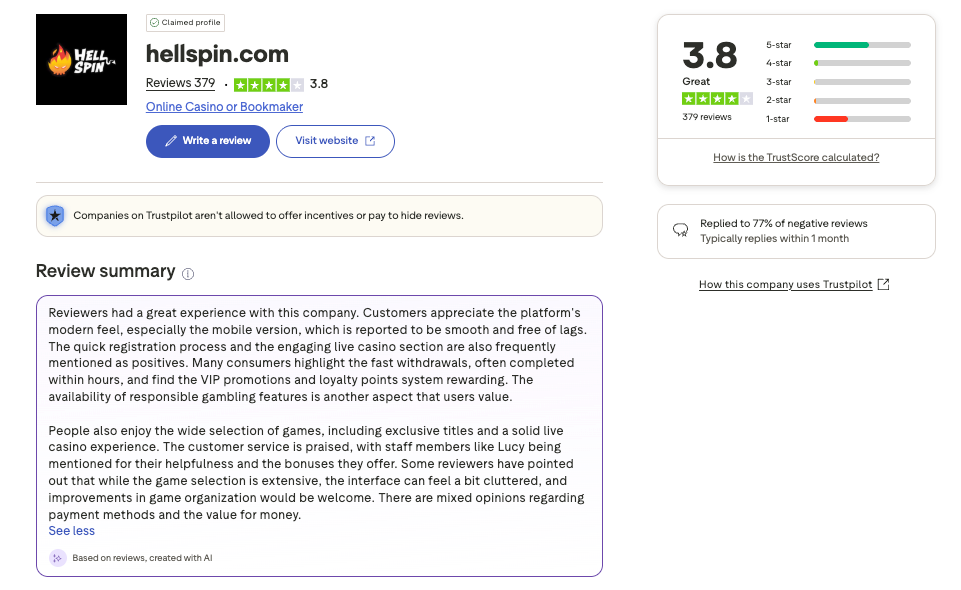 hellspin trustpilot screenshot