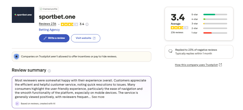 sportbet one trustpilot overview