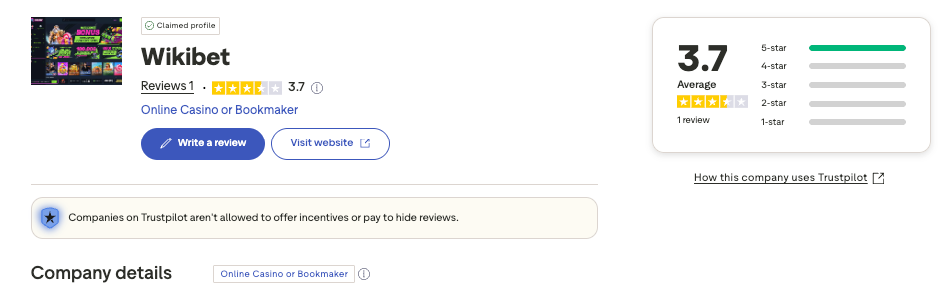 wikibet trustpilot screenshot