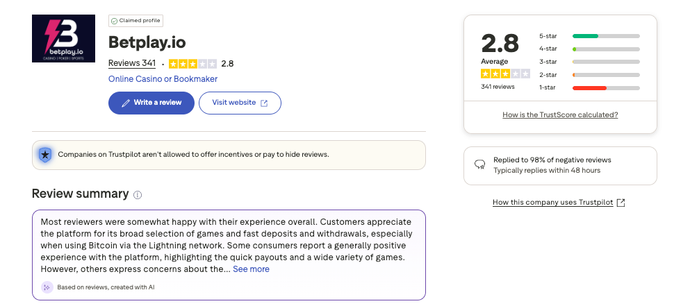 betplay io trustpilot screenshot