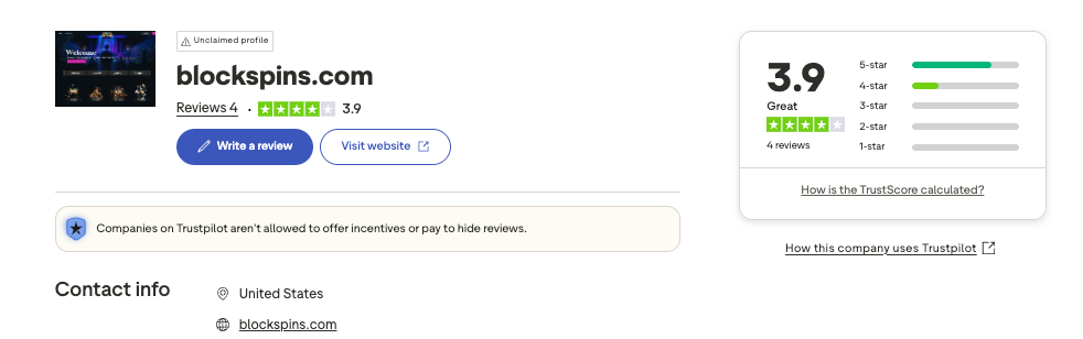 blockspins.com trustpilot screenshot with a 3.9 rating based on 4 reviews