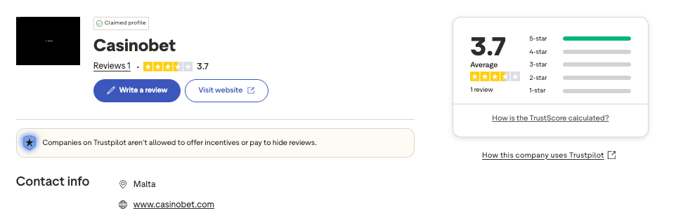 Casinobet trustpilot screenshot