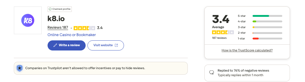 k8 trustpilot screenshot