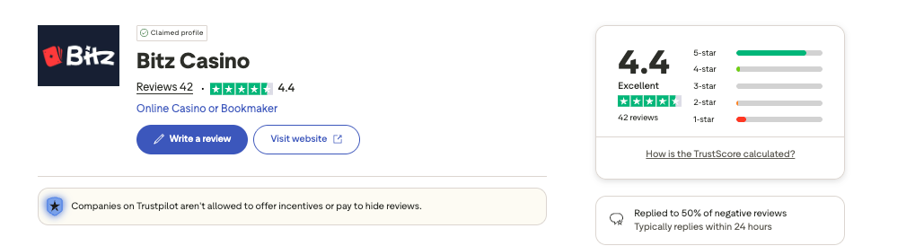 Bitz.io trustpilot screenshot