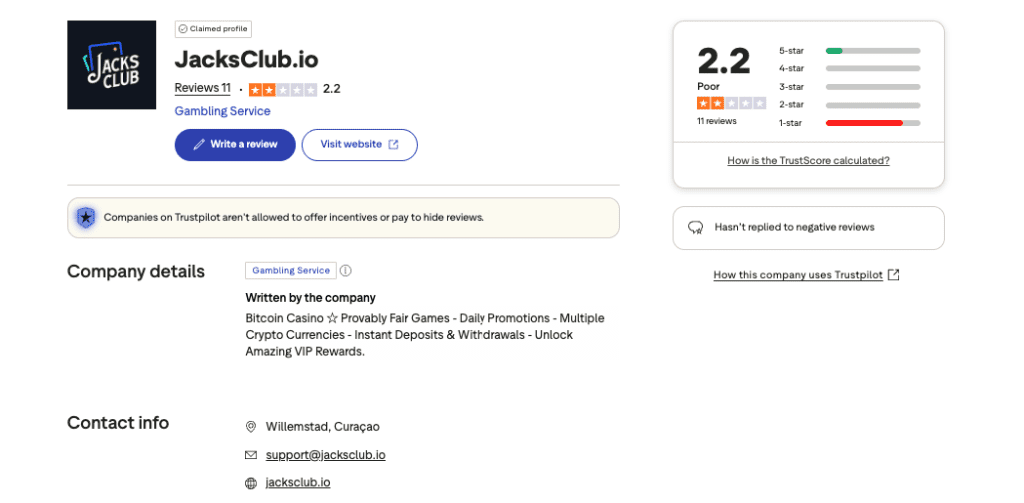 Jacks Club Trustpilot page overview