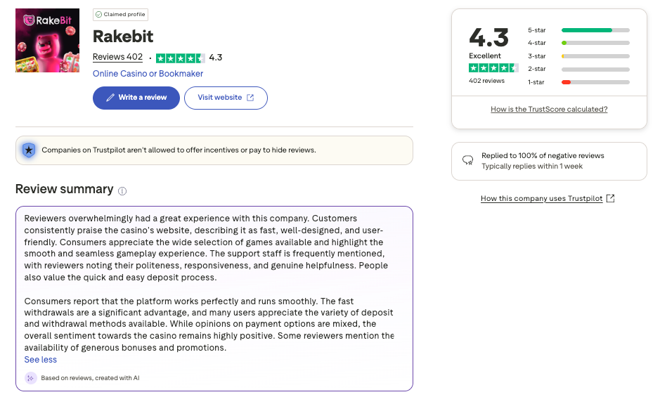rakebit casino trustpilot overview