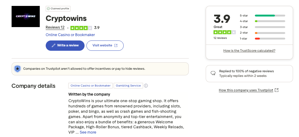 Cryptowins casino trustpilot profile screenshot