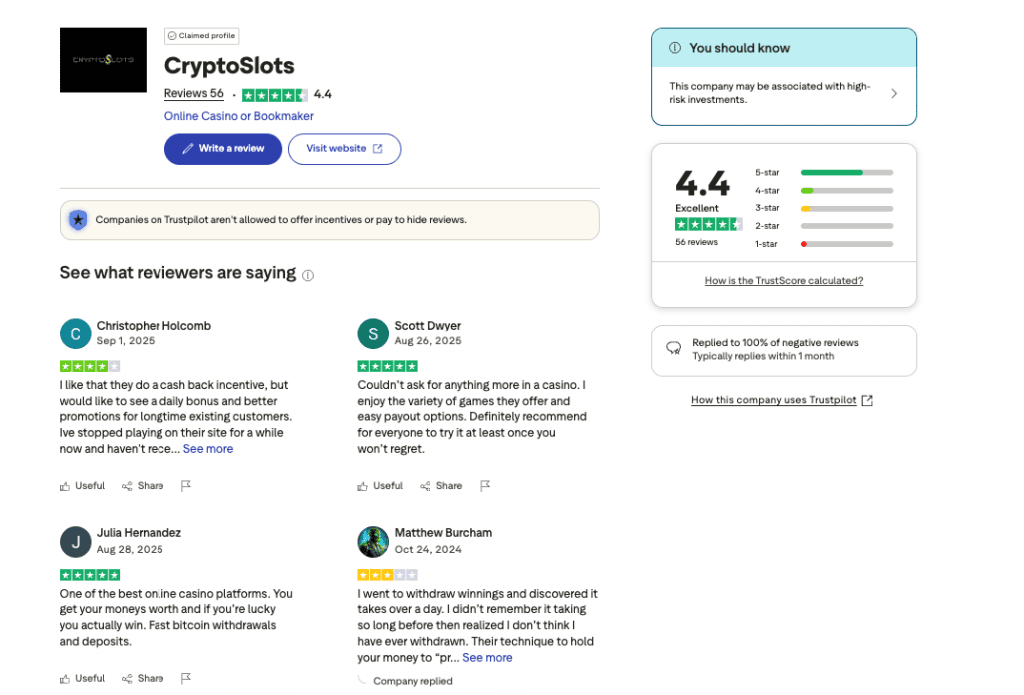 CryptoSlots Trustpilot screenshot