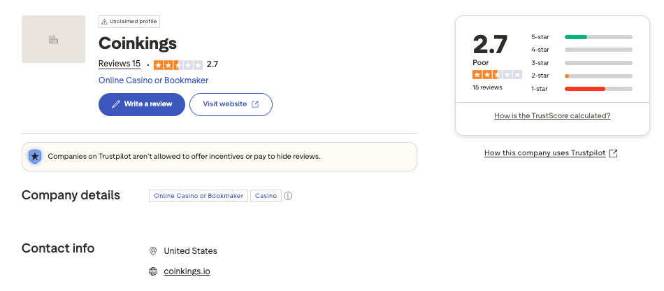 Coinkings trustpilot screenshot