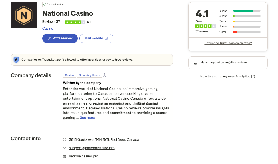 National Casino trustpilot overview screenshot.