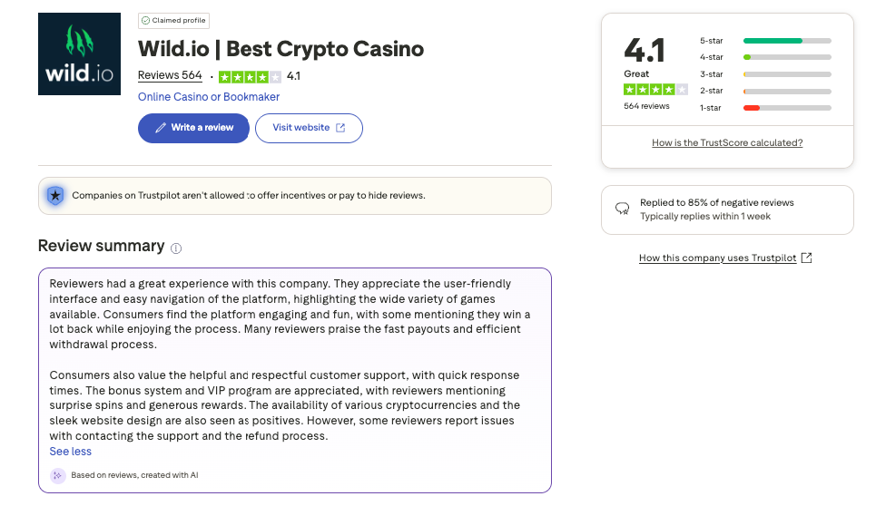 Wild.io Trustpilot screenshot.