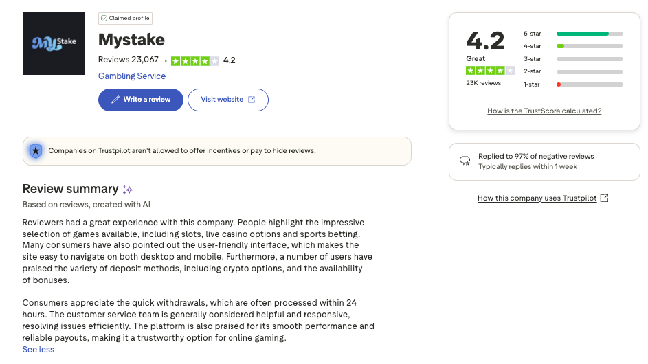 Mystake casino trustpilot overview page.