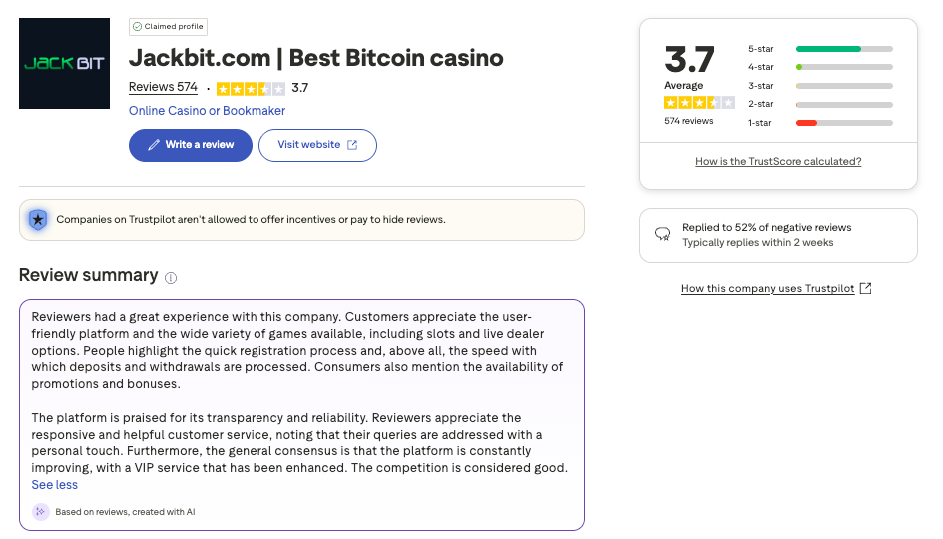 Jackbit trustpilot screenshot