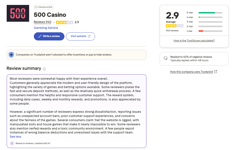 500 Casino Trustpilot overviews