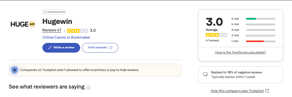 Hugewin trustpilot screenshot