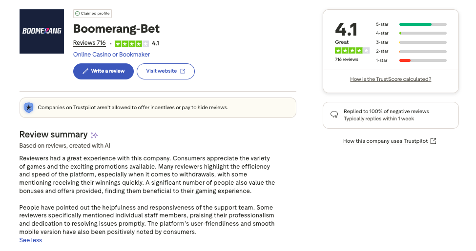 BoomerangBet trustpilot overview screenshot.