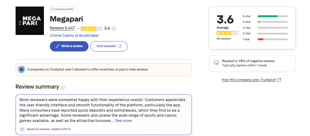 Megapari casino trustpilot screenshot