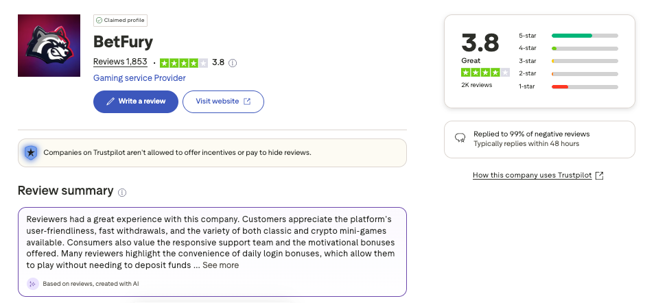 Betfury trustpilot feedback