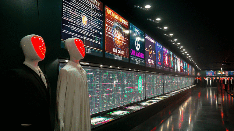 Corporate-style mannequins with glowing red digital masks standing in front of casino review screens, symbolizing fake VPN casino reviews and deceptive affiliate lists.