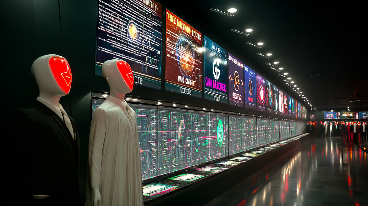 Corporate-style mannequins with glowing red digital masks standing in front of casino review screens, symbolizing fake VPN casino reviews and deceptive affiliate lists.