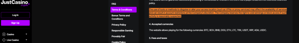 JustCasino.io terms referencing account restrictions for VPN or proxy usage.