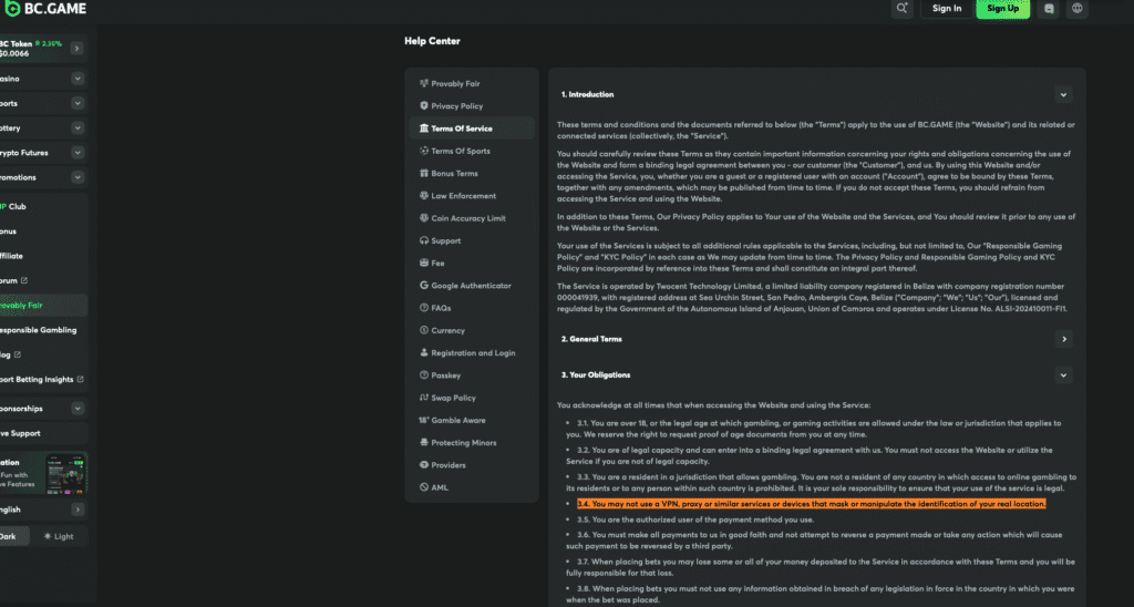 BC.Game terms highlight clause banning VPN or proxy use.