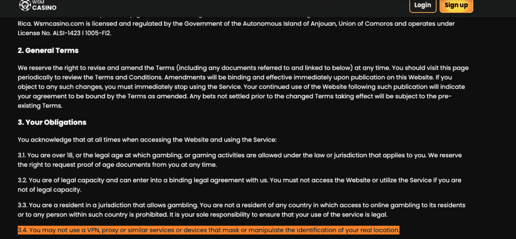WSM Casino Terms and Conditions showing section 3.4 forbidding VPNs.
