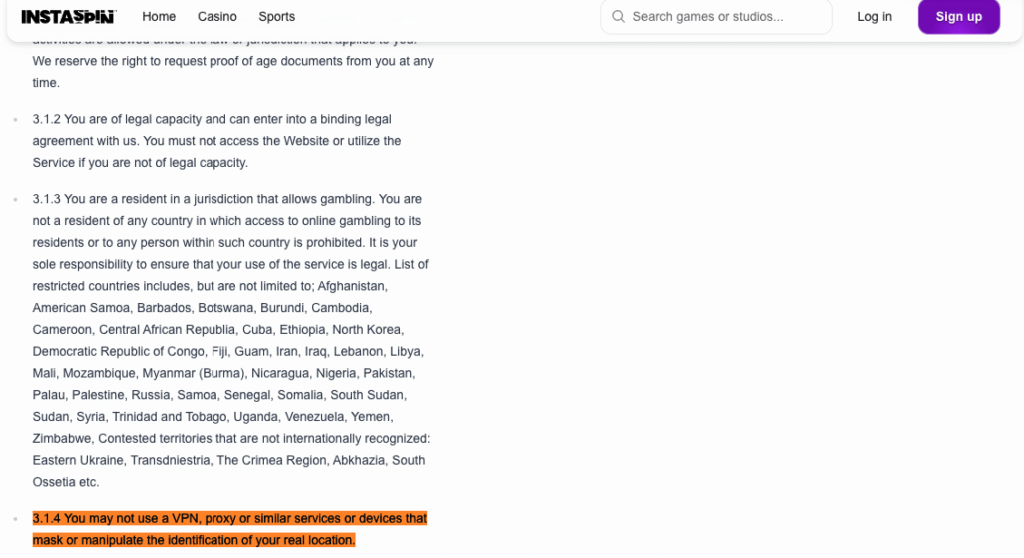 InstaSpin casino terms with VPN prohibition clause highlighted.
