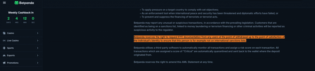 Betpanda AML statement highlighting the clause allowing KYC checks at withdrawal to confirm user identity.