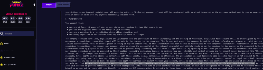 CasinoPunkz Terms section 6 showing “We reserve the right to verify your identity… at any time.”