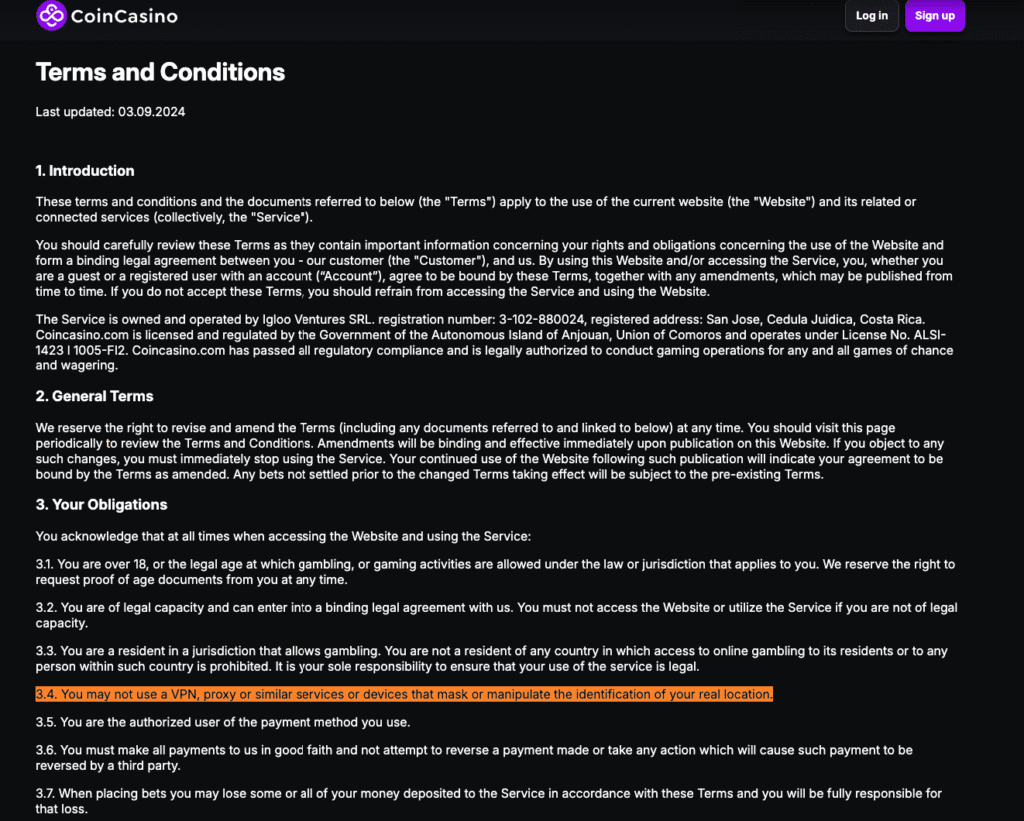 CoinCasino terms showing VPN and proxy use prohibited under section 3.4.