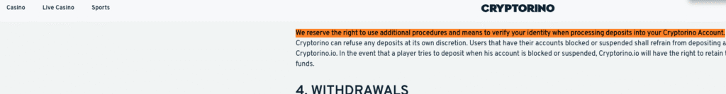 Cryptorino Terms and Conditions showing a clause about verifying identity when processing deposits.