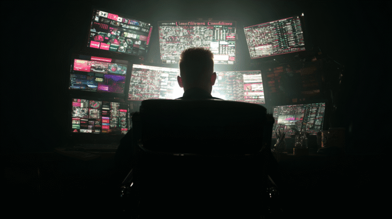 A cinematic shot from behind a person in a dark room, illuminated only by the glow of a large bank of multiple computer monitors displaying complex data and code.