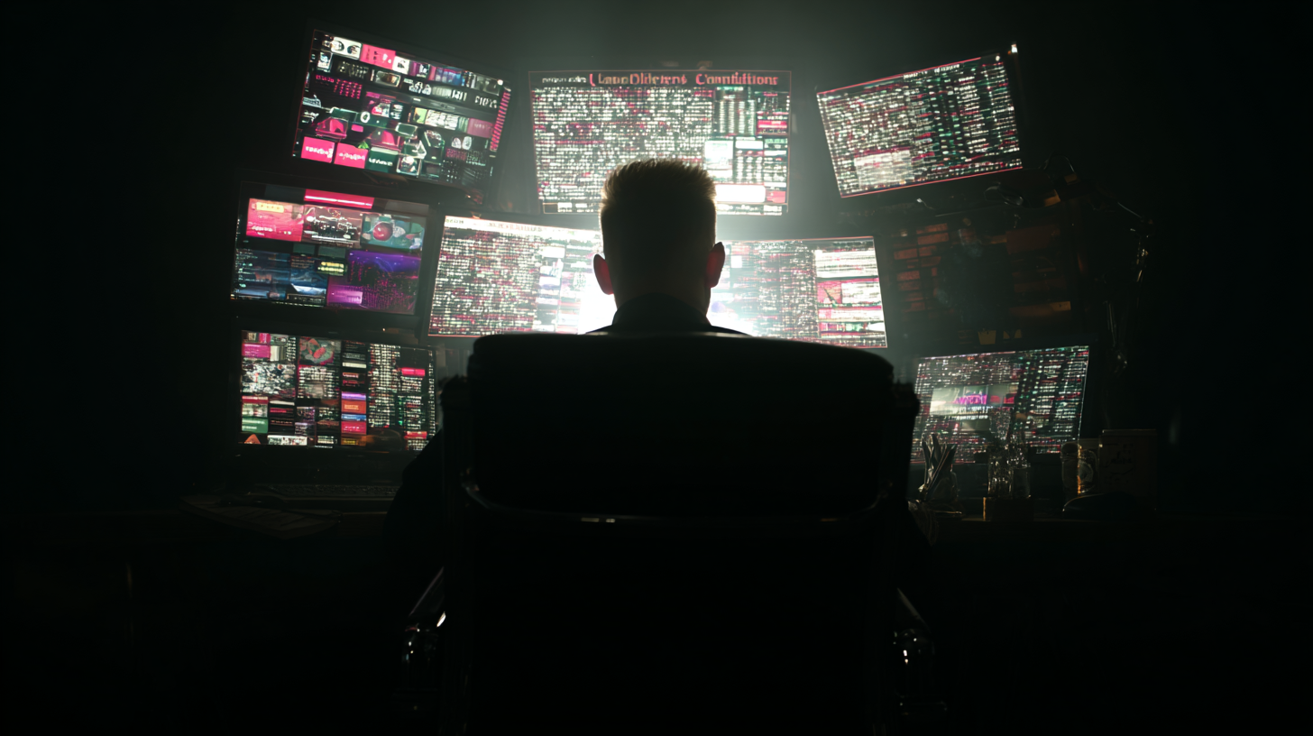 A cinematic shot from behind a person in a dark room, illuminated only by the glow of a large bank of multiple computer monitors displaying complex data and code.