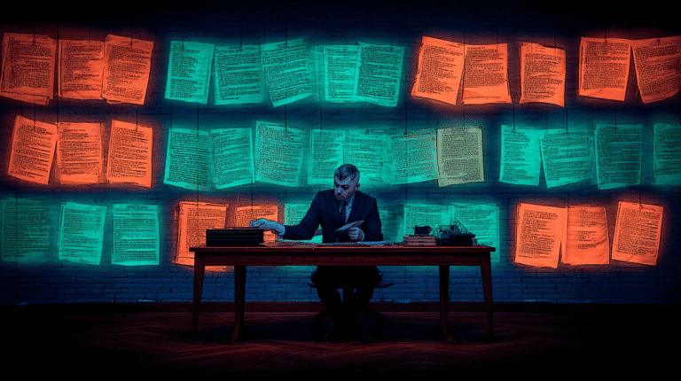 Modern investigator analyzing casino Terms & Conditions pinned on walls in blue and red light, symbolizing fact-checking and exposing misinformation in crypto gambling.