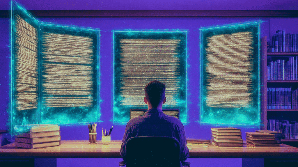 A digital investigator sitting at a desk surrounded by glowing virtual documents and data panels, symbolizing VPNCasinos’ watchdog research into casino terms and hidden policies.