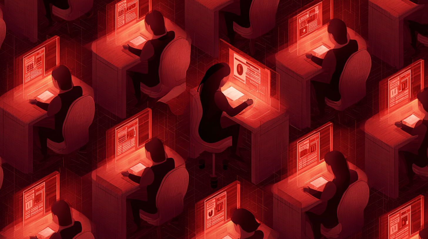 Illustration of rows of anonymous writers producing identical online casino reviews on glowing red screens, symbolizing mass-produced affiliate content and fake VPN casino lists.