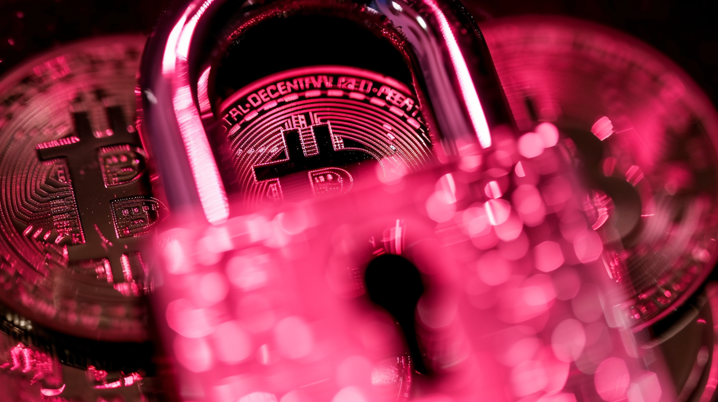 A dramatic close-up of physical Bitcoin coins, with a large, blurry padlock in the foreground, all illuminated in a high-contrast magenta light, symbolizing locked funds.