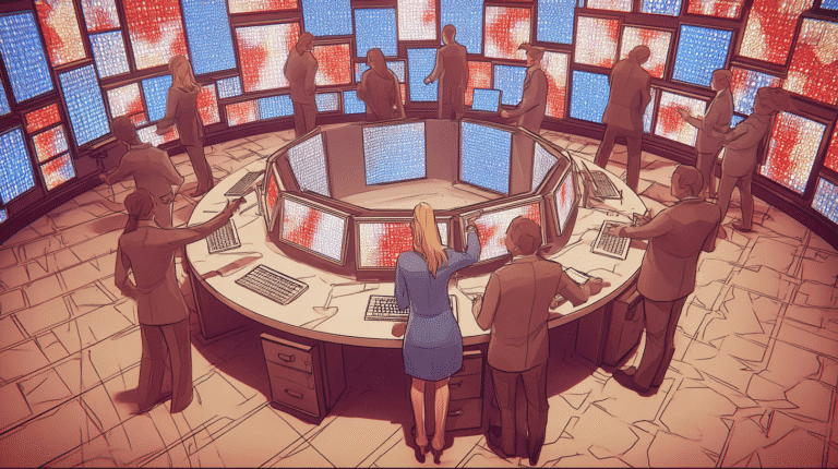 Stylized newsroom filled with analysts reviewing casino websites on multiple monitors, symbolizing VPNCasinos.io’s investigation into false “VPN-friendly” claims across the iGaming industry.