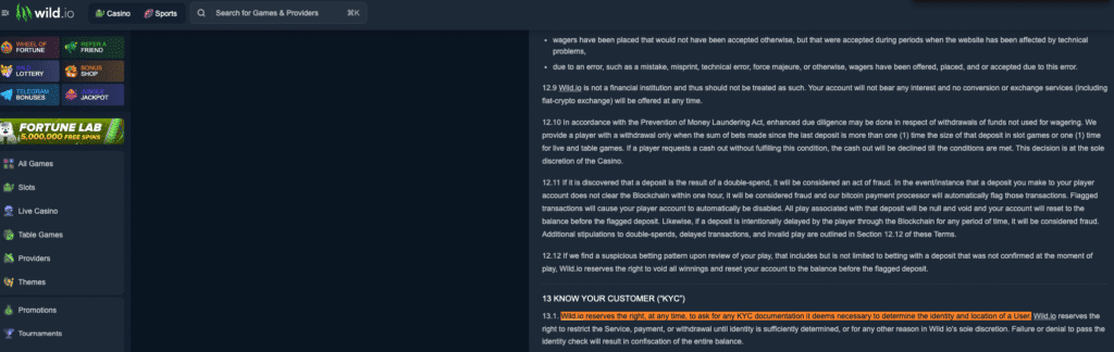 Wild.io Terms section 13 highlighting that the casino can request any KYC documents at any time.